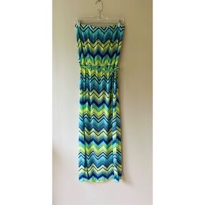 Lily Bleu Sz‎ L Strapless Chevron Maxi Casual Dress Neon Striped Belted